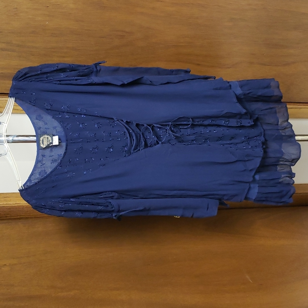 Navy blue layered mini dress with princess sleeves and front lacing-never worn.5